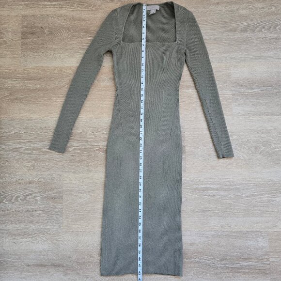 H&M Khaki Green Rib Knit Long Sleeve Midi Dress With Square Neckline Size Small - Picture 13 of 17